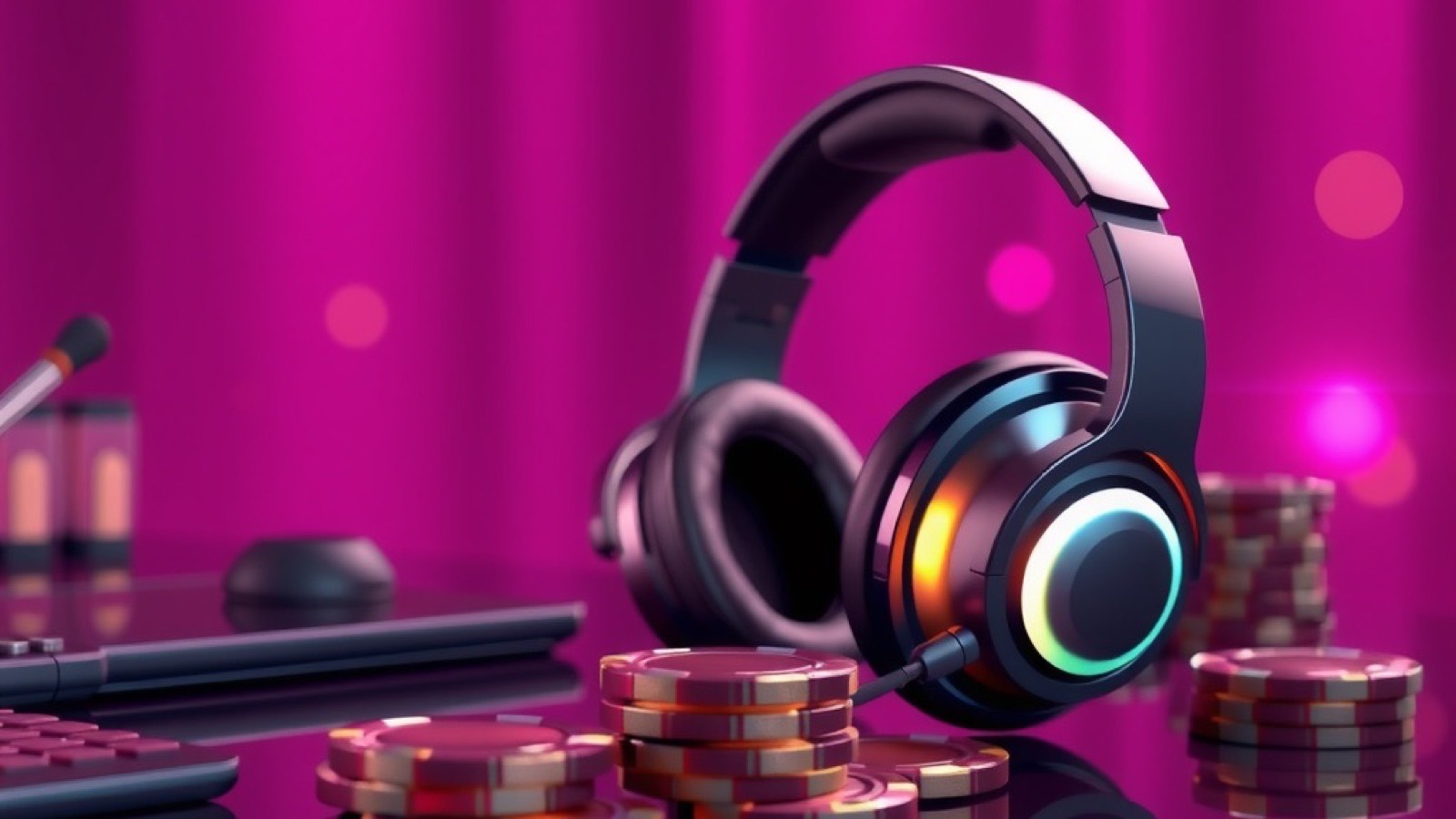 Diwa Spin diwa spin customer service for account and payment help artwork showing a glowing headset resting on a polished desk beside a chat bubble and a stack of chips